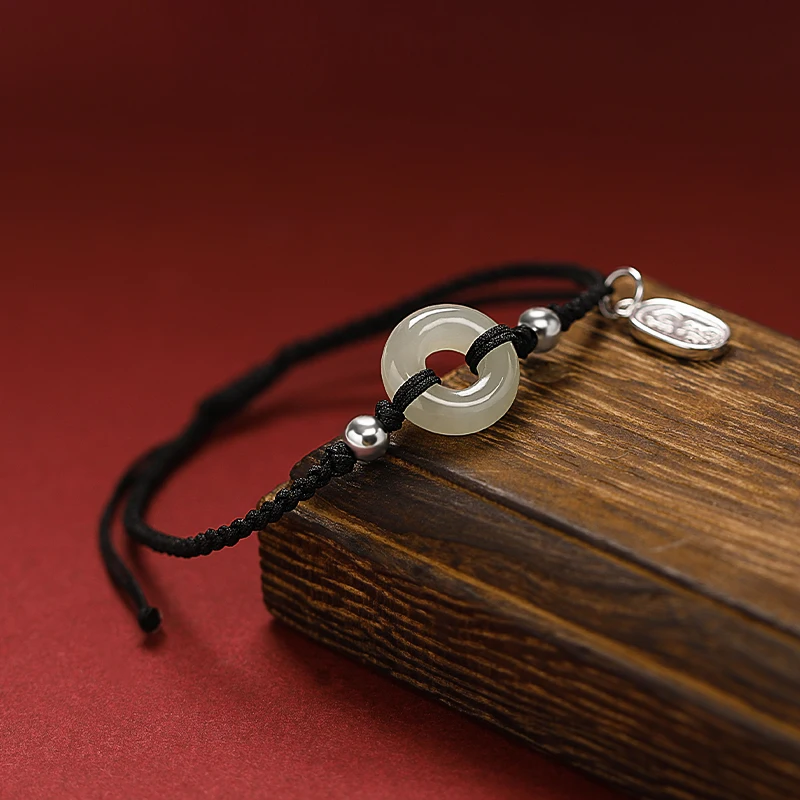 925 Sterling Silver Hetian Jade Peace Buckle Bracelet Red Rope Girls Woven Hand Rope Couple Style Hand Ornaments
