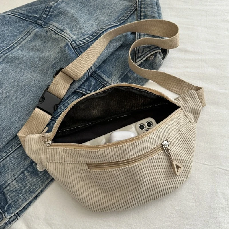 Lightweight Corduroy Fanny Pack Crossbody Bag Fashionable Retro Style Casual Chest Waist Bag Fresh Style Korean Version Handbags