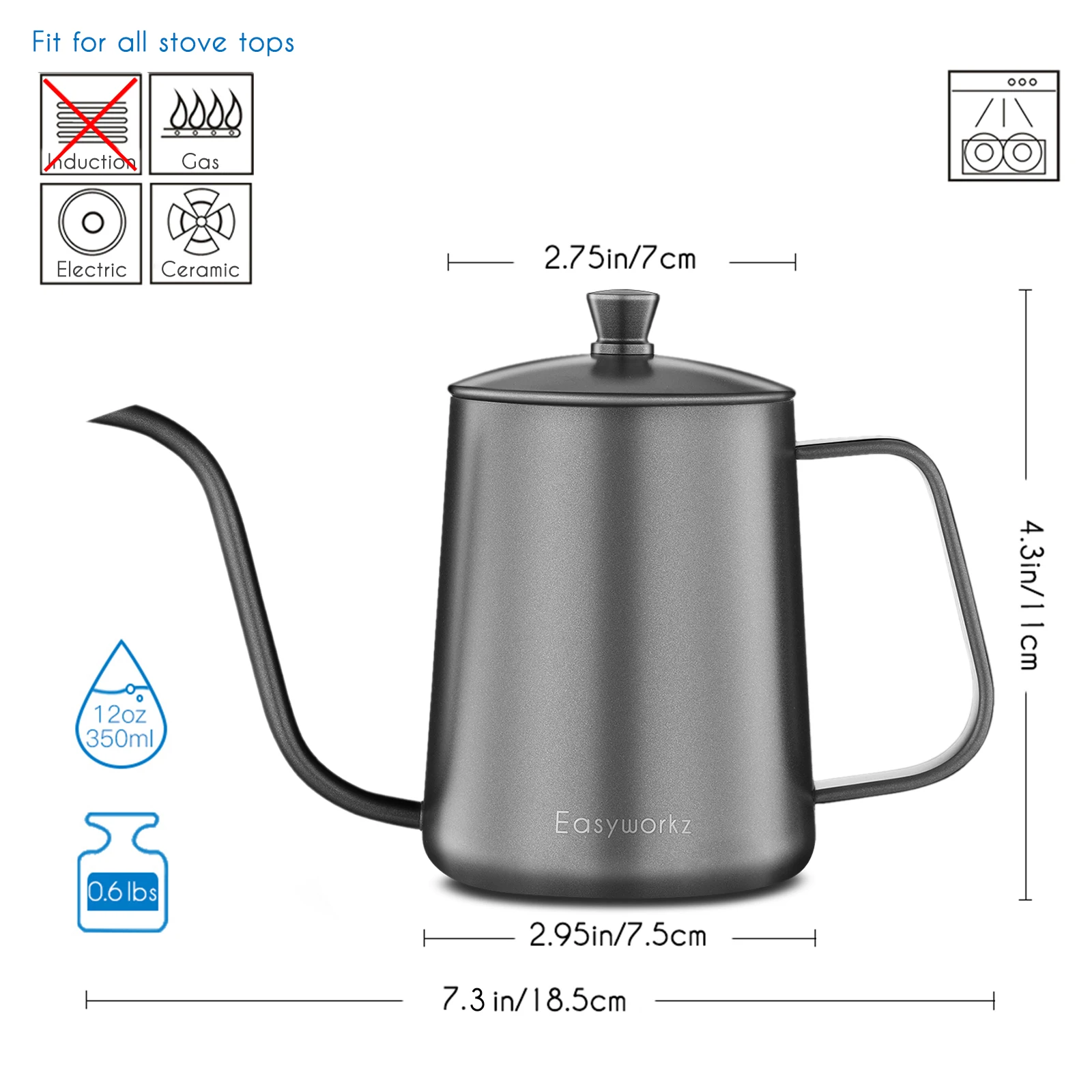 600 ml giet over koffie theeketel, roestvrijstalen koffiepot met lange zwanenhals uitloop waterkoker keukenapparatuur(Zwart