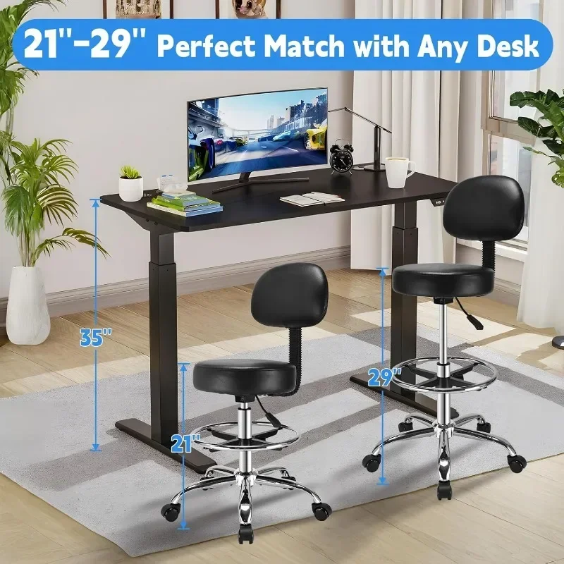 Ergonomic Rolling Stool with Backrest PU Leather Strap Adjustable Pedal Rotating Round Work Chair Office Bar Stool Lounge Chair