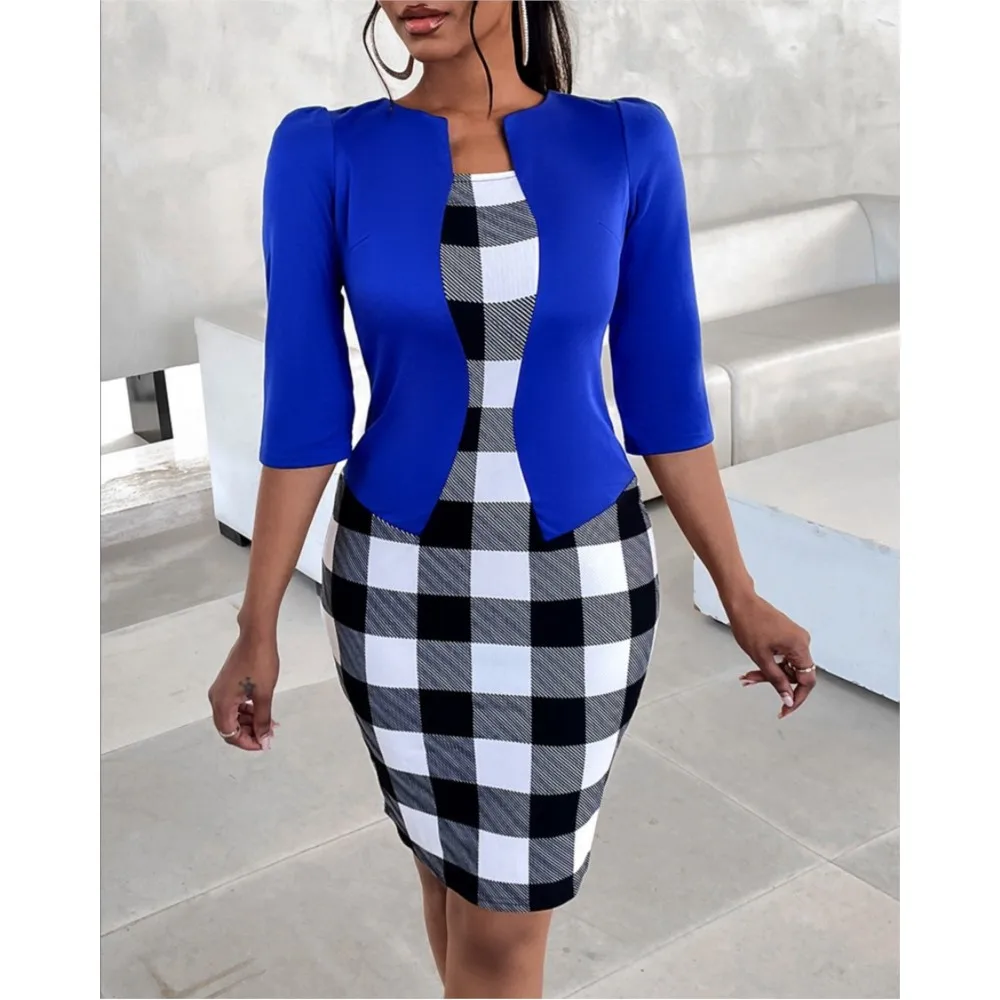 2024 Spring New Fake Two Piece Dress Women Fashion Street Trendy Half Open Collar Bag Hip Midi Office Ladies Elegant Dress Robe