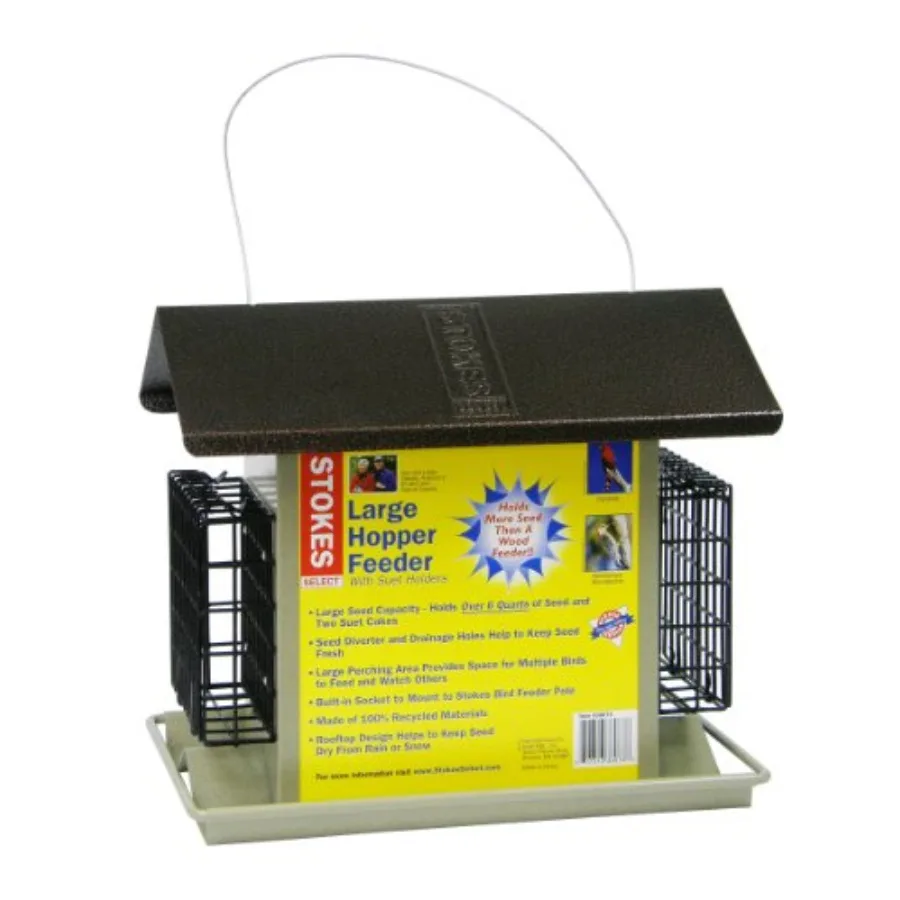 Large Hopper Bird Feeder with Two Suet Cake Holders 6lb Seed Capacity Outdoor Use Durable Plastic Gray Weather-Resistant Design