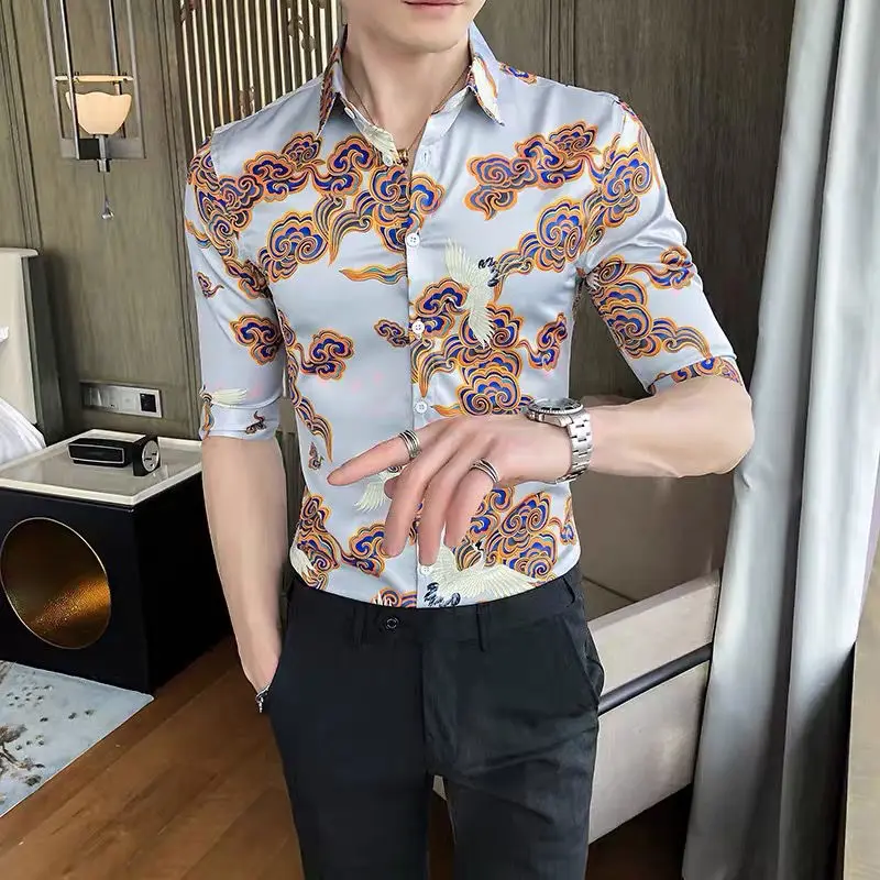 

Elegant Fashion Harajuku Slim Fit Ropa Hombre Casual All Match Shirt Pointed Collar Printed Button Three-quarter Sleeve Blusa