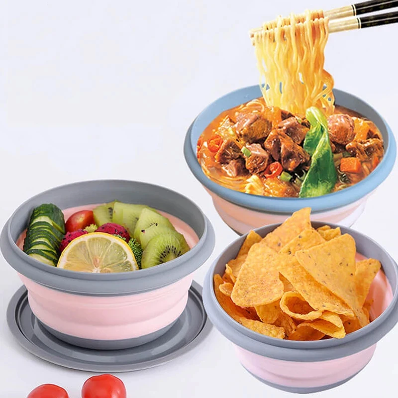 3Pcs 실리콘 휴대용 접이식 도시락 그릇 세트 뚜껑 포함 야외 캠핑 식기류 식품 용기 접이식 샐러드 그릇