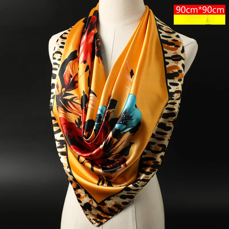 90*90cm Square Shawls and Wraps Floral Print Neck Scarf For Women Silk  Satin Neck Scarfs For Ladies Bandana Head Scarves Female