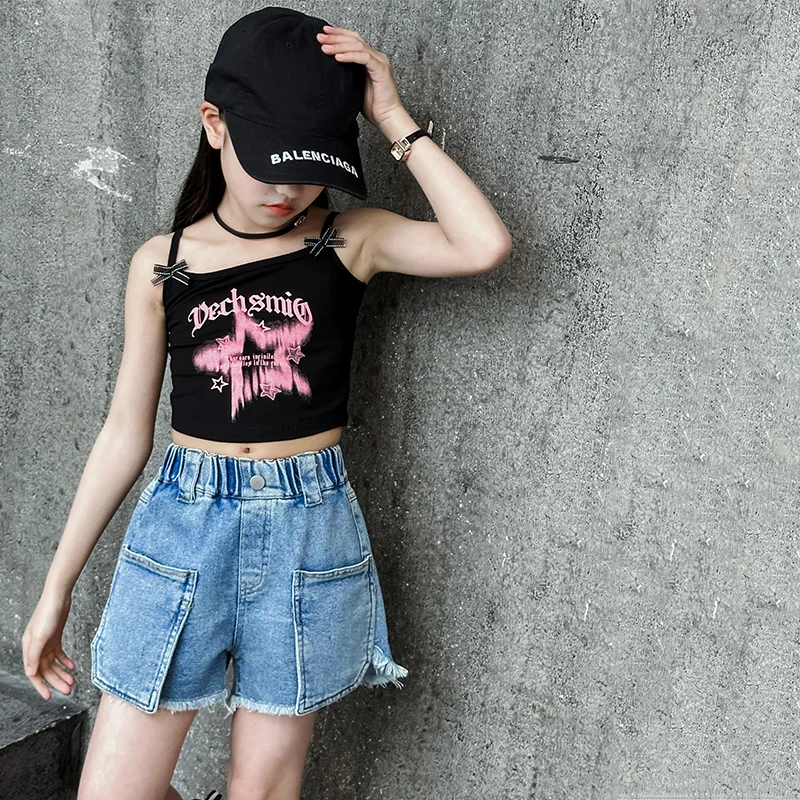 어린이 캐주얼 데님 반바지, 하이 웨이스트 밴드 디자인, 외부 주머니, 여름 아동복, 여아 청바지, 짧은 바지 세트
