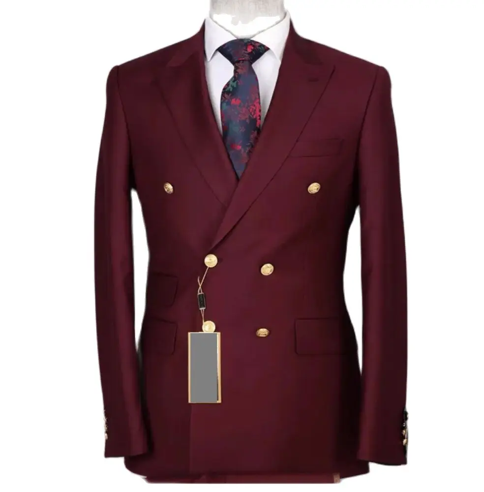 Burgundy 2Pcs Jacket Pants Slim Fit Fashion Men&lsquo;s Suits Cutsom Groom Wedding Tuxedo Prom Party Wear Tailor Made Blazer Trousers