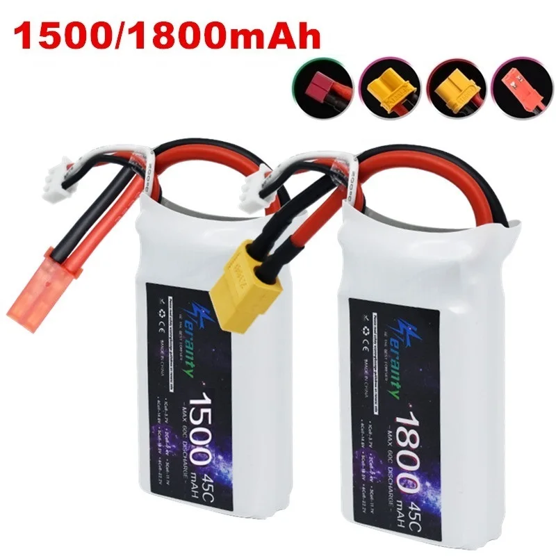 Batterie LiPo pour RC posée à plat, câbles et connecteur T-plug en évidence.