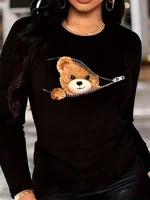 Teddy Bear Print Crew Neck T shirt Casual Long Autumn winter top women's long sleeved T-shirt loose comfortable black white 1
