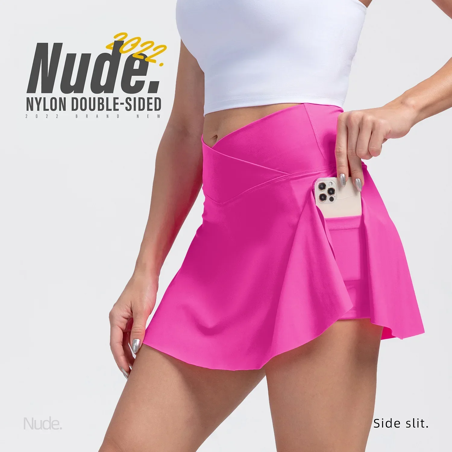 2-in-1 Solid Overlap Tennis Skirts With Shorts, High Waist Inner Pocket Golf Yoga Shorts, Women's Activewear