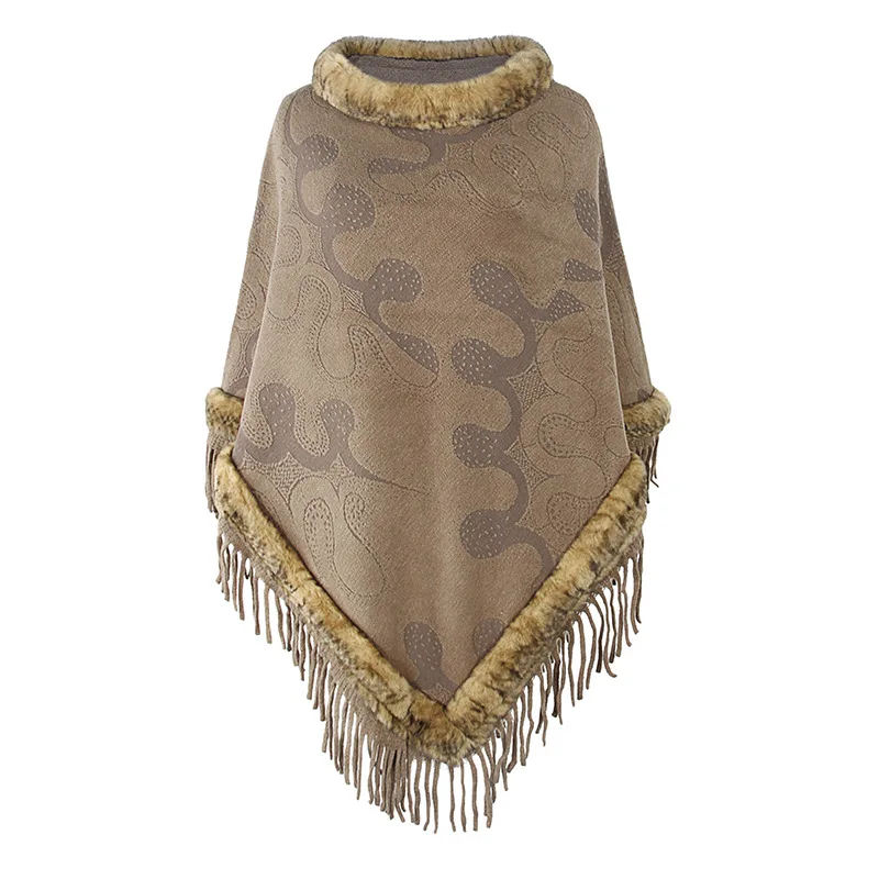 Autumn Winter New European American Cape Tassel Shawl Sweater Imitation Wool Collar Coat Ponchos Women Capes Khaki Cloak autumn new fashion khaki lurex glitter leopard fringe viscose shawl scarf high quality wrap pashmina stole bufandas muslim hijab