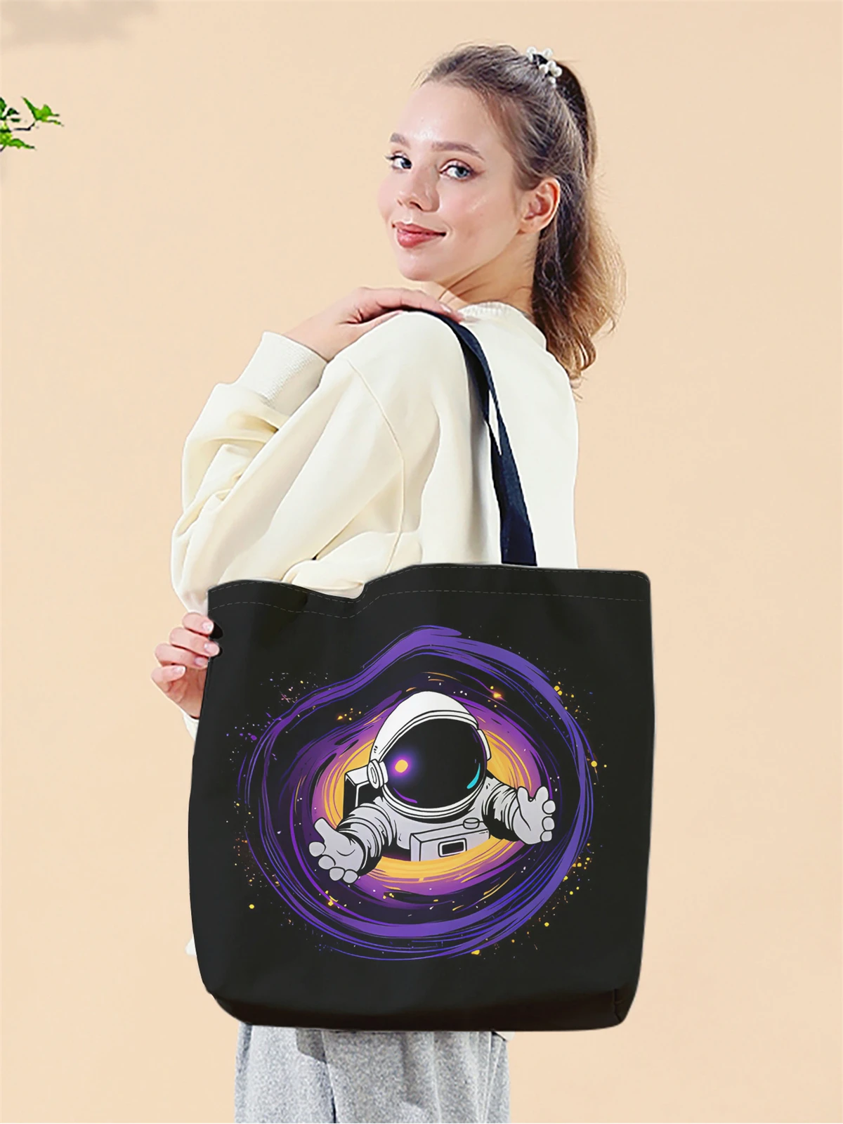 1pc,Starry Sky Astronaut Handbag, Reusable Fashion Handbag, Multi functional Handbag, Printed Canvas Shopping Bag
