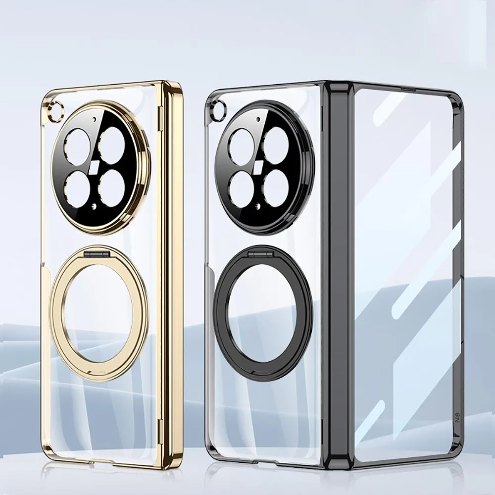 Magsafe Magnetic 360° Rotating Ring Stand Clear Case with Hinge Protector and Tempered Glass Film