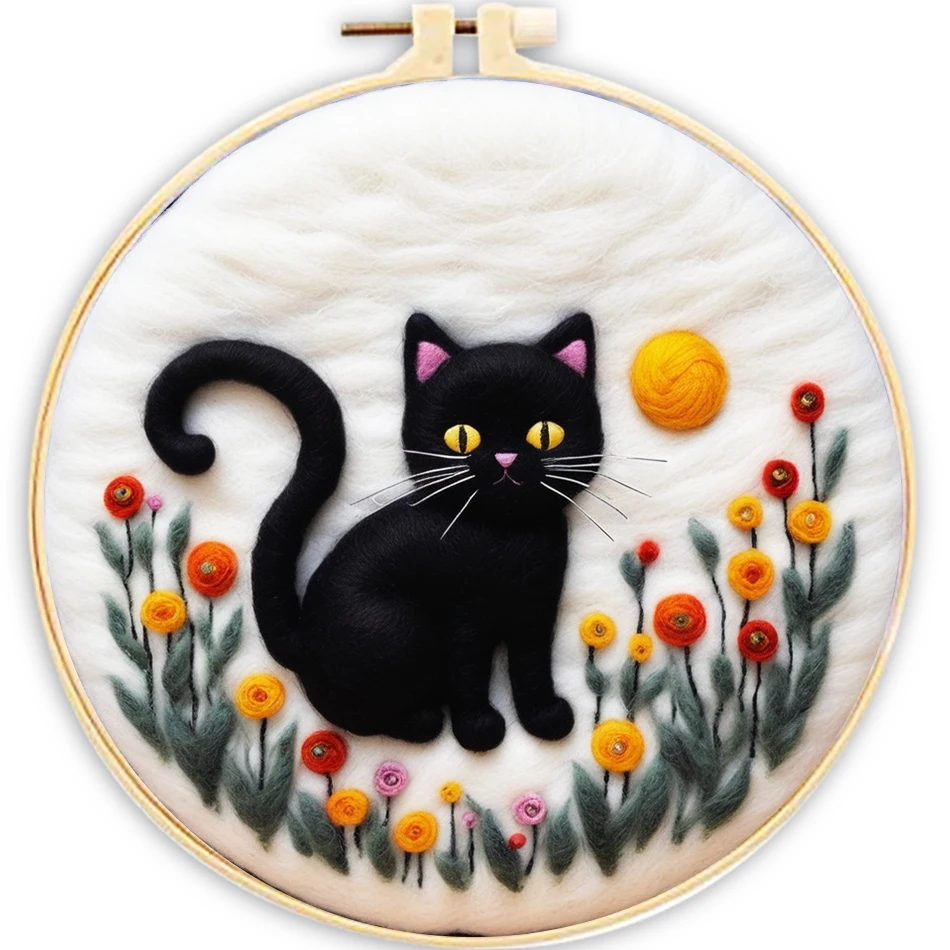 CHENISTORY Needle Felting Painting With Frame Kit For Beginner Cat Wool Felting Painting Handmade Felt Needles, Foam Pad,Cloth