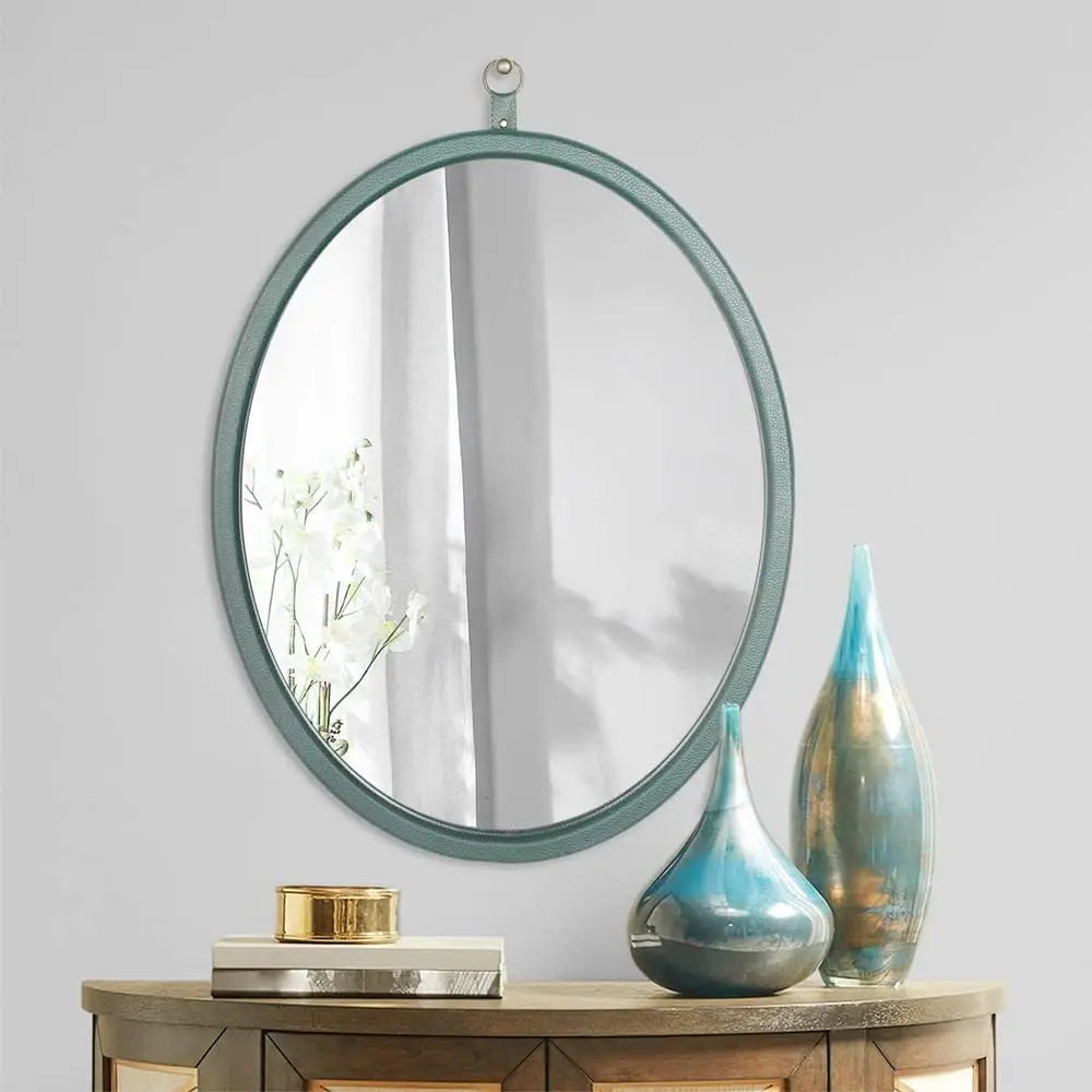 

Green Decorative Hanging Mirror,PU Covered MDF Framed Mirror for Bedroom Living Room Vanity Entryway Decor,23.62x29.92inch