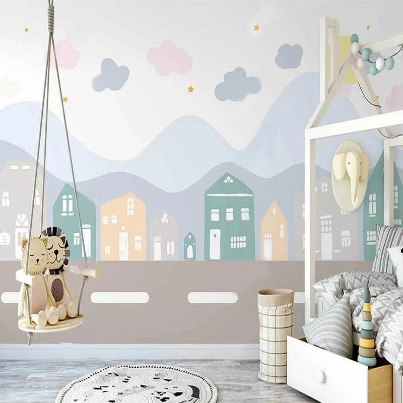 

Custom Mural Wallpaper Nordic Instagram Hand-painted Cartoon House Children's Room Background Wall Decor Modern Creative Fresco