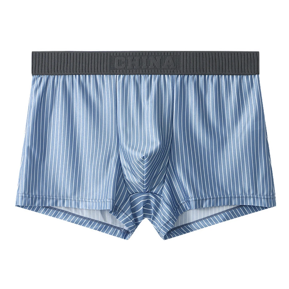 

Sexy Men Ice Silk Boxer Striped Loose Briefs Bugle Pouch Underwear Seamless Elastic Shorts Trunks Casual Swim Short Underpants