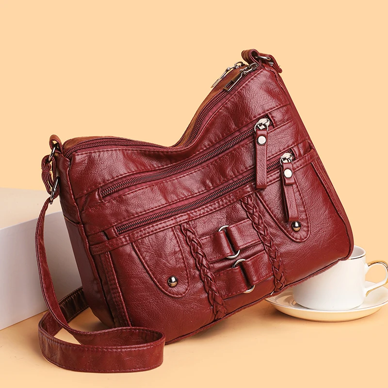 Retro multi pocket crossbody bag, soft synthetic leather shoulder bag, women's bag, with adjustable shoulder strap