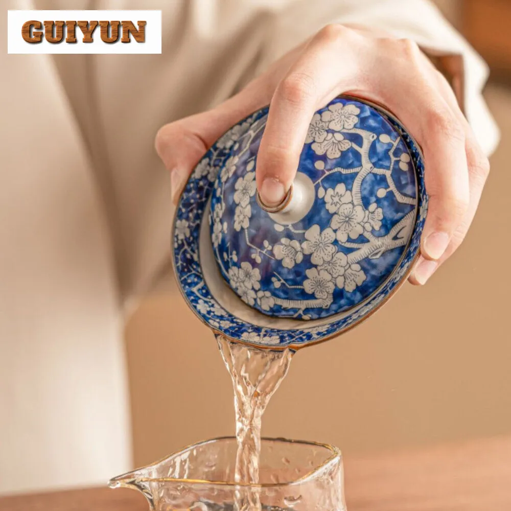 150ml Blue Ice Plum Blossom Gaiwan Retro Ru Kiln Bamboo Hat Sancai Tea Tureen Tea Making Cover Bowl Drinkware Supplies Craft