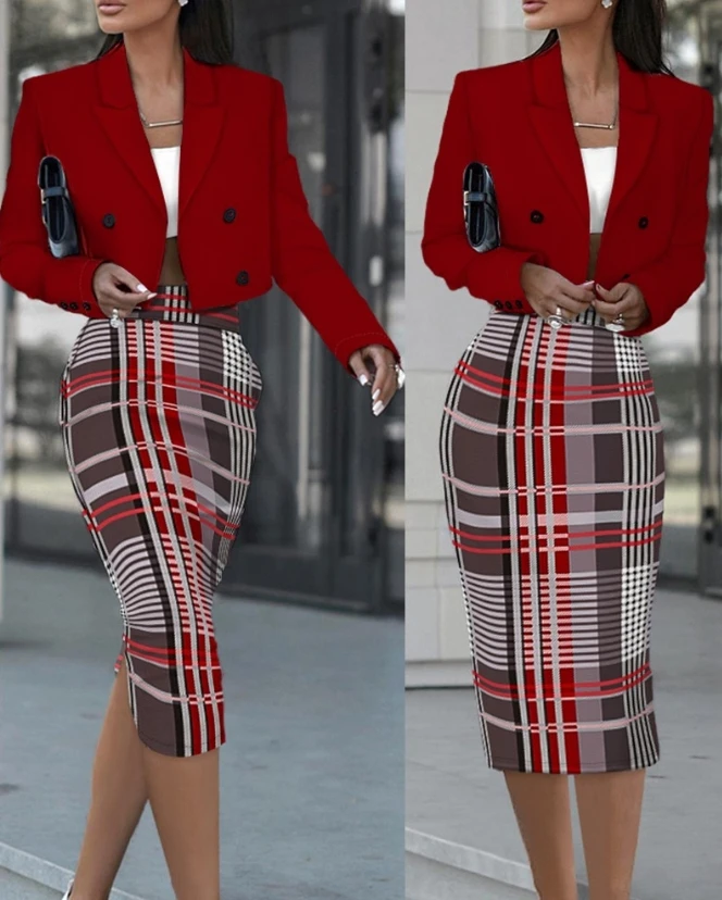 Office Lady Women Blazer Sets 2023 Winter New Fashion Casual Elegant Commuting Notched Collar Blazer Coat&plaid Print Skirt Set