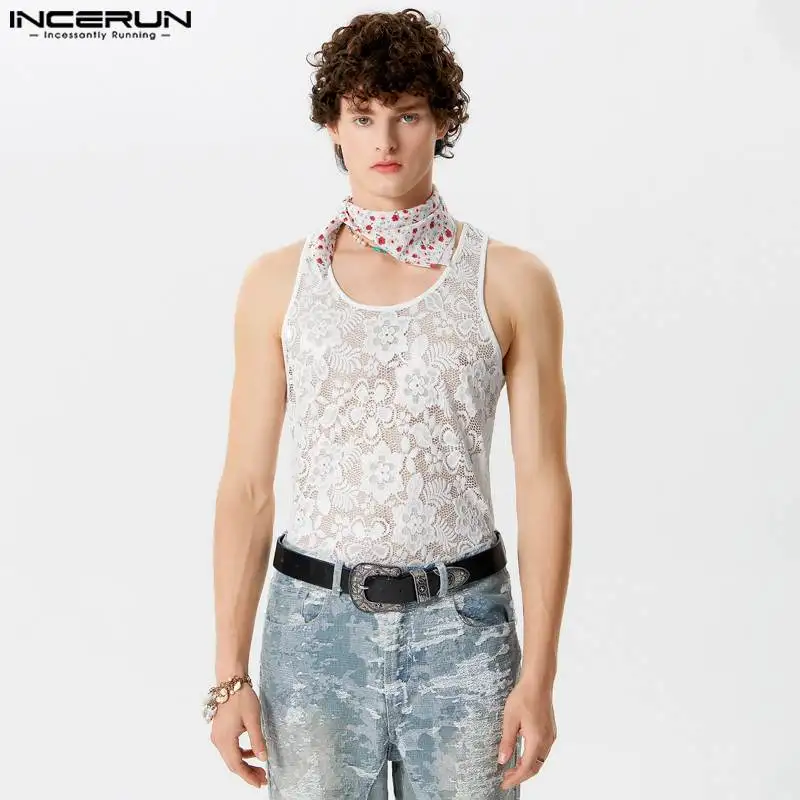

INCERUN Men Tank Tops Lace Transparent O-neck Sleeveless Sexy Male Vests Summer Streetwear 2024 Fitness Fashion Men Clothing
