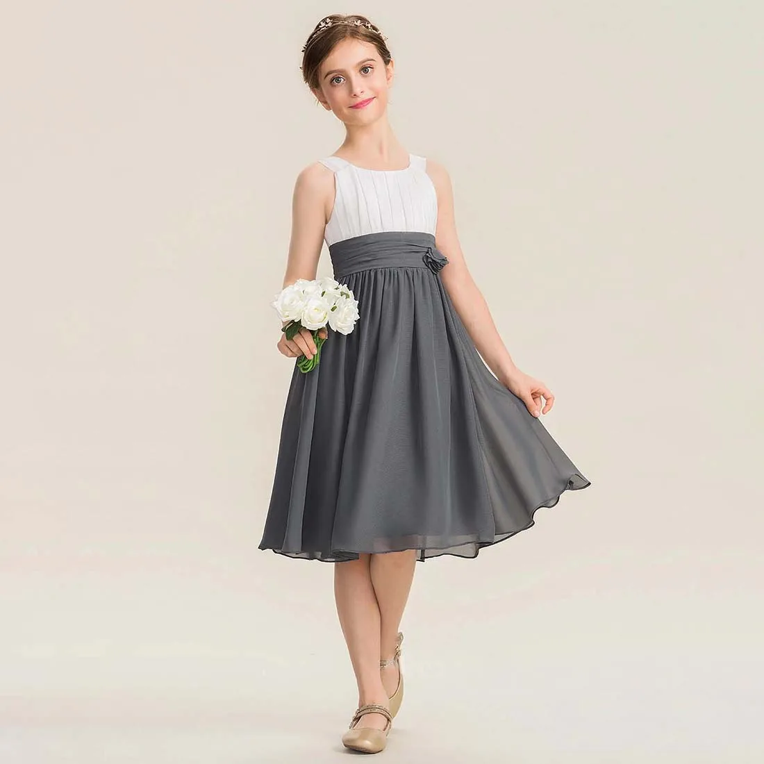 YZYmanualroom Chiffon Junior Bridesmaid Dress With Flower A-line Scoop Knee-Length 2-15T