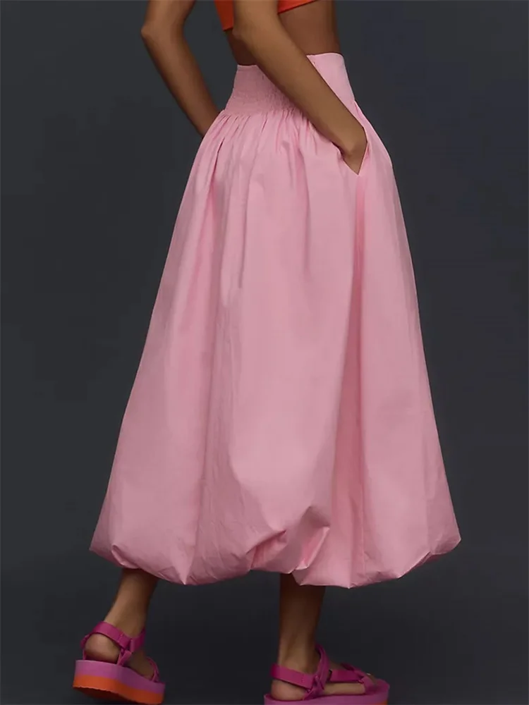 CHRONSTYLE Women Long Maxi Skirts Casual Loose Fit Elastic Waist Solid Color Ruched Pleated Skirts for Summer Spring Streetwear - view