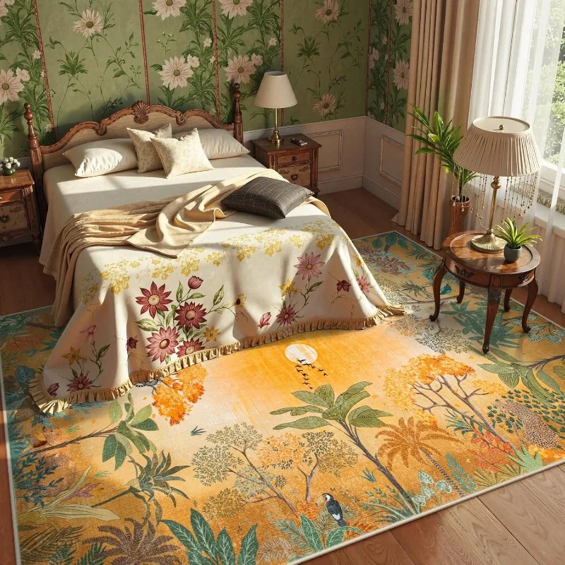 Green Living Room Carpet Retro Jungle Bedroom Rug Fashion Machine Washable Non-slip Sofa Coffee Table Floor Mats Ковер Tapis 러그