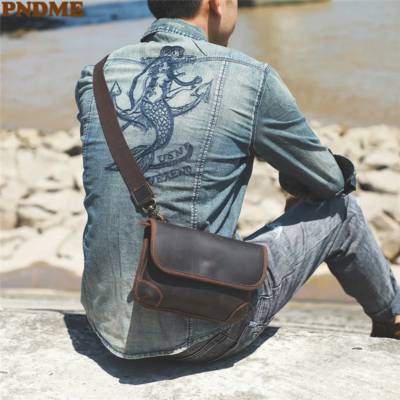 Simple vintage crazy horse leather men's small satchel high-quality first layer cowhide outdoor daily shoulder crossbody bag