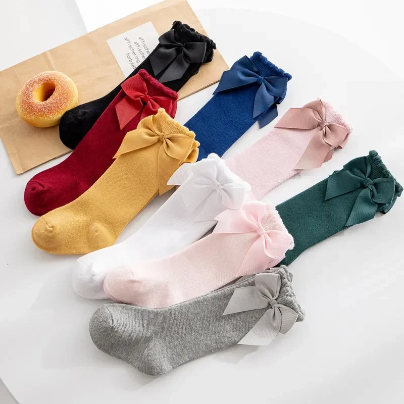 

2023 New Kids Socks Toddlers Girls Big Bow Knee High Quality Long Soft Autumn Winter 100% Cotton Lace Baby Tube Sock Calcetines