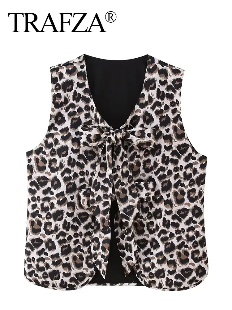 HH Women Vintage Leopard Print Vest Bow Front Tie Top V Neck Sleeveless Vest Coat 2025 Summer Female Fashion Streetwear Tops