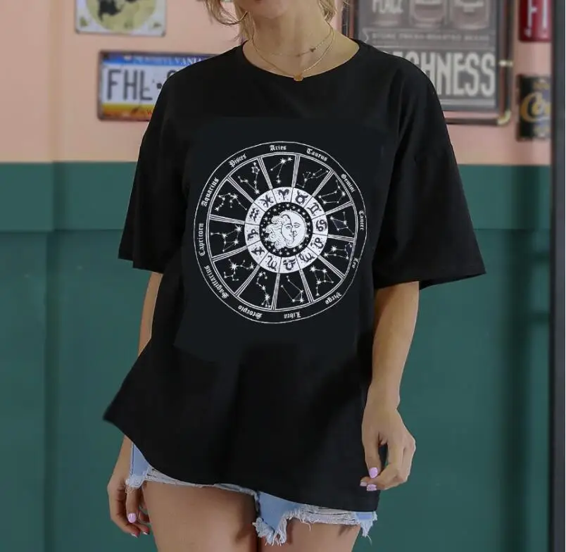 

Zodiac Sign Print Ulzzang Oversized T Shirt Unisex Korean Fashion Harajuku Streetwear T-Shirt Grunge Aesthetic Woman Tshirt