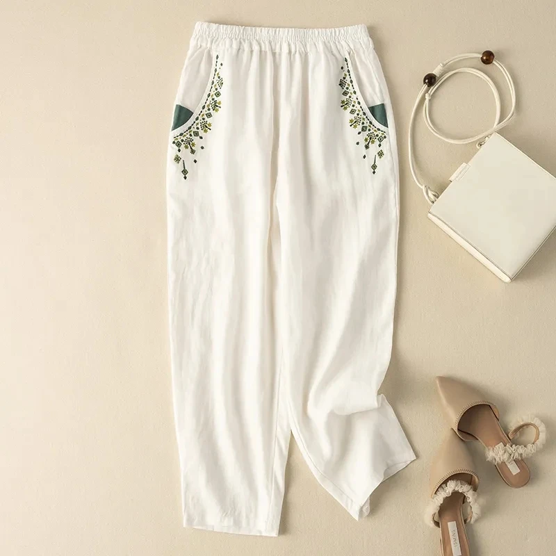 

Vintage Women Trousers Cotton Linen Retro Embroidered Pants Straight Harlan Loose Trouser Casual Cropped Female Clothes