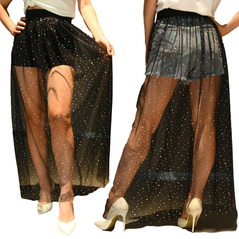 

Woman Teens Sequins Skirt Elegant Black Color Mesh Skirts for Girls High Waist