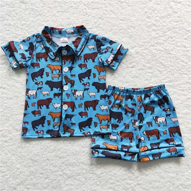 

Wholesale Boys Summer Short-Sleeved Shorts Pajamas Set With Multi-Element Buttons And Bright Colors Of The Same Color