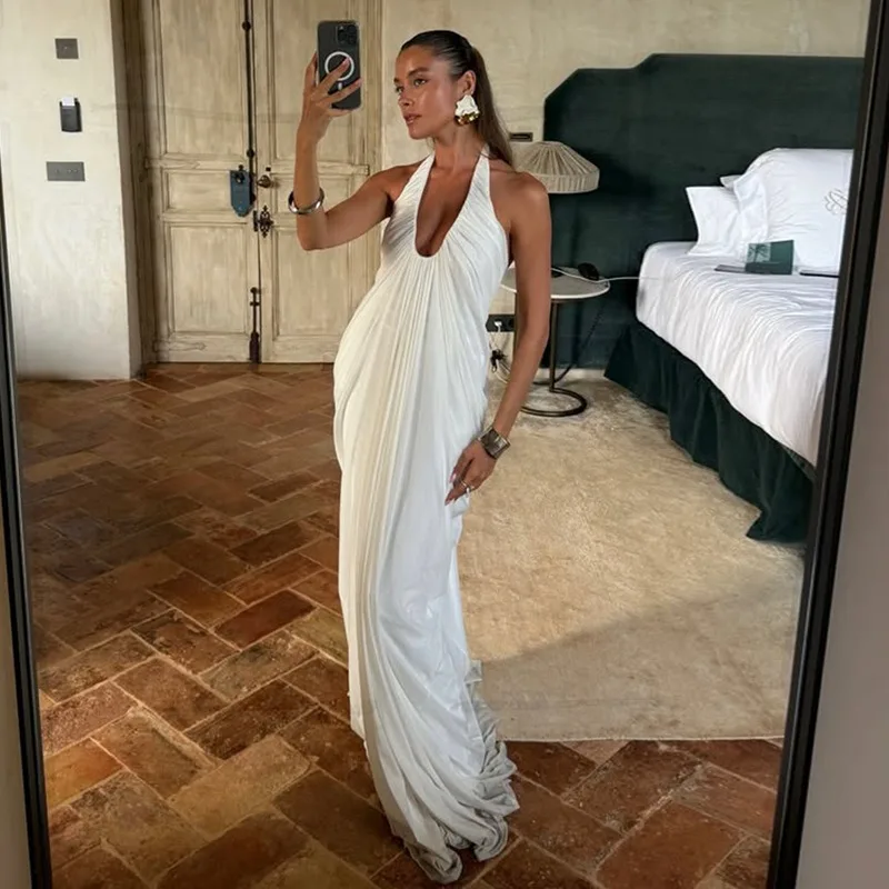 New Summer 2026 Women's Neck Fashion Halter V-neck Mesh Long Dress Fashionable and Elegant White Sexy Pleated Evening Dress