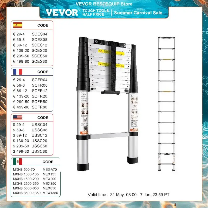 VEVOR Telescoping Ladder 12.5 FT Aluminum One-Button Retraction Collapsible Extension 375 LBS Capacity w/Non-Slip for Home RV