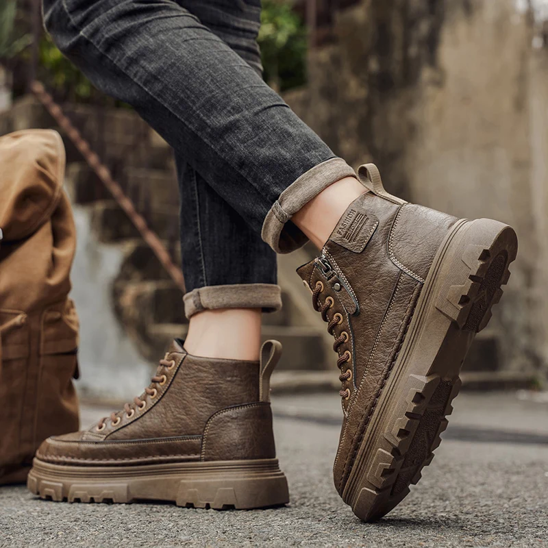 Men Boots Autumn Leather Waterproof Mid-top Sports Shoes New Fashion Ankle Boots Casual Outdoor Hiking Boots Shoes Male Sneakers - 3