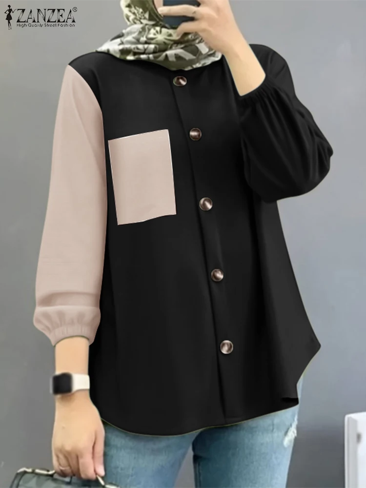 

ZANZEA Fashion Patchwork Blouse Women Autumn Shirt Lapel Neck Long Sleeve Muslim Tops Eid Mubarek Abaya Casual Buttons Blusas