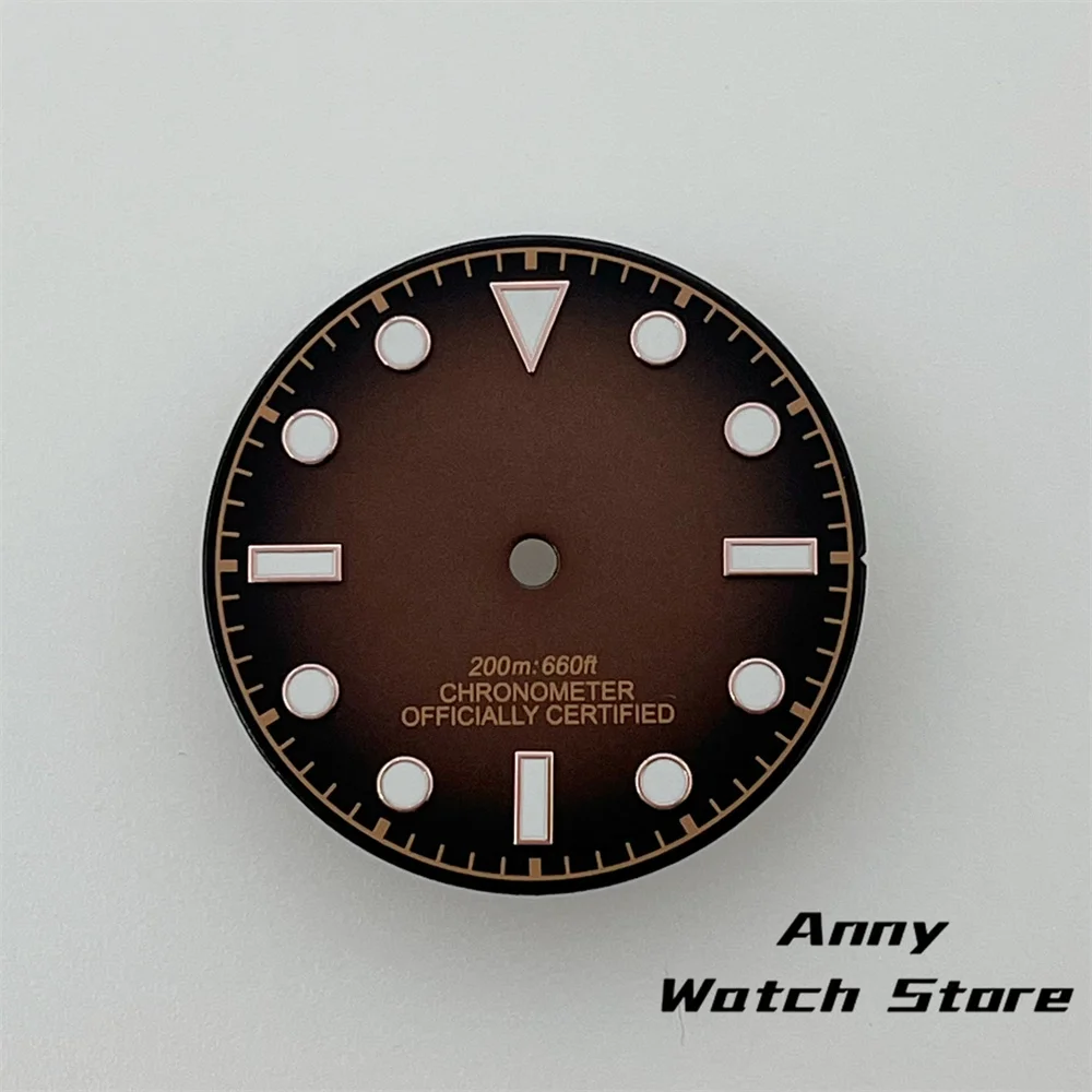 Vintage 29mm Watch Dial with Black, Brown, and Dark Blue Design Featuring Rose Gold Edging and Green Luminous Markers