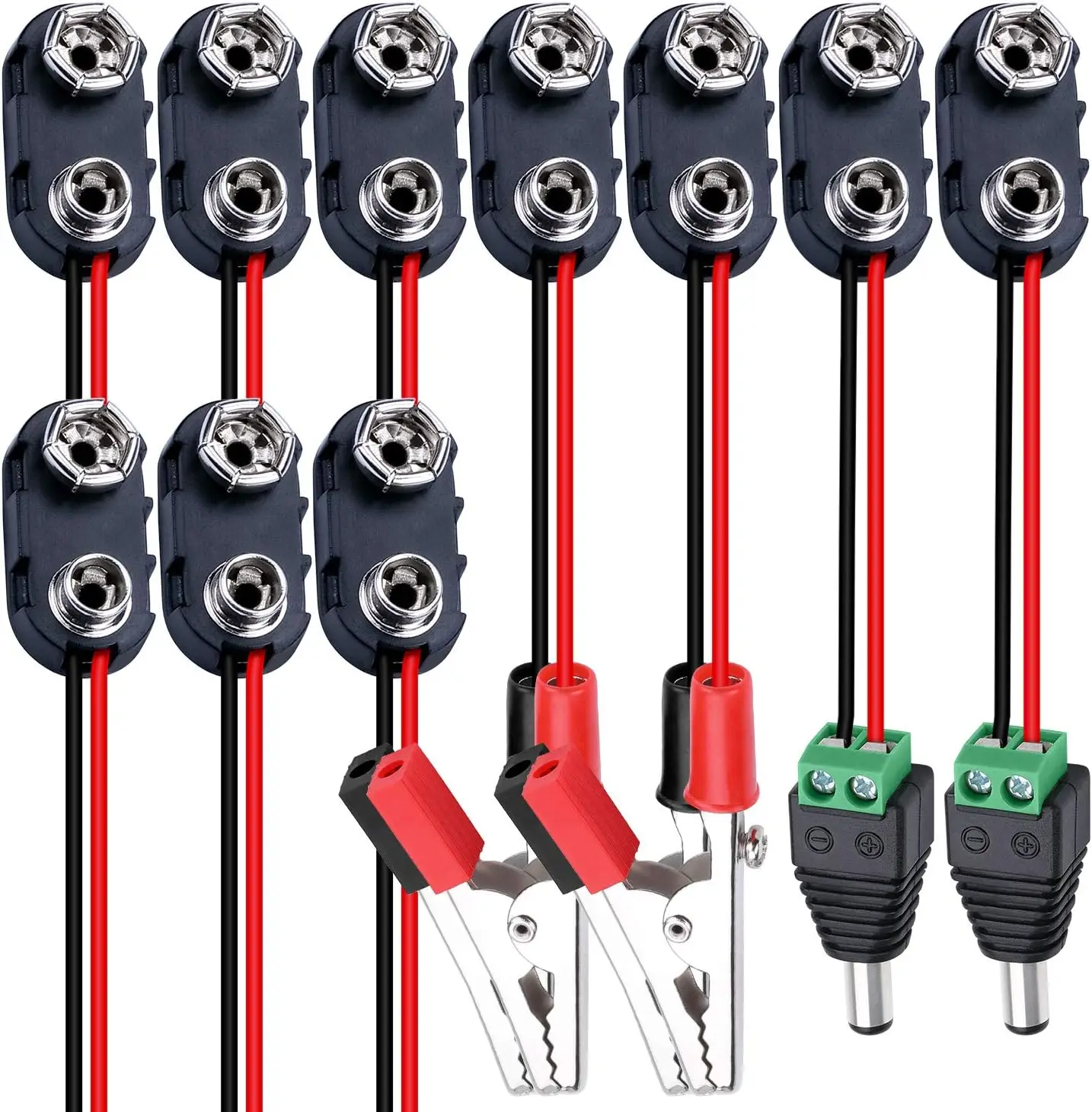 Battery Connector 10PCS 9V Battery Connector 9 Volt Battery Snap Clip I Type with 2 Pair of Alligator Clip And 2.1mmX5.5mm DC Male Power