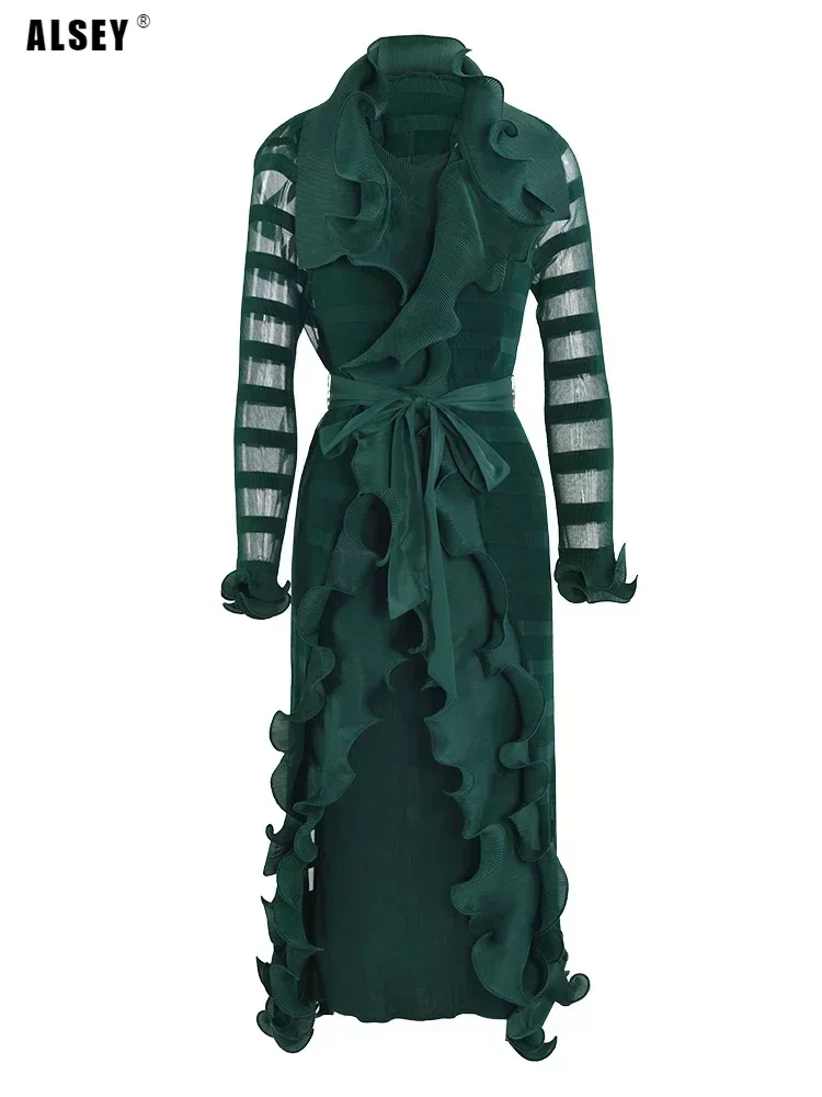 

Плиссированное элегантное платье ALSEY Miyake из двух предметов, платье с оборками, новое осеннее платье с длинным рукавом и ремнем, модная вечерняя одежда