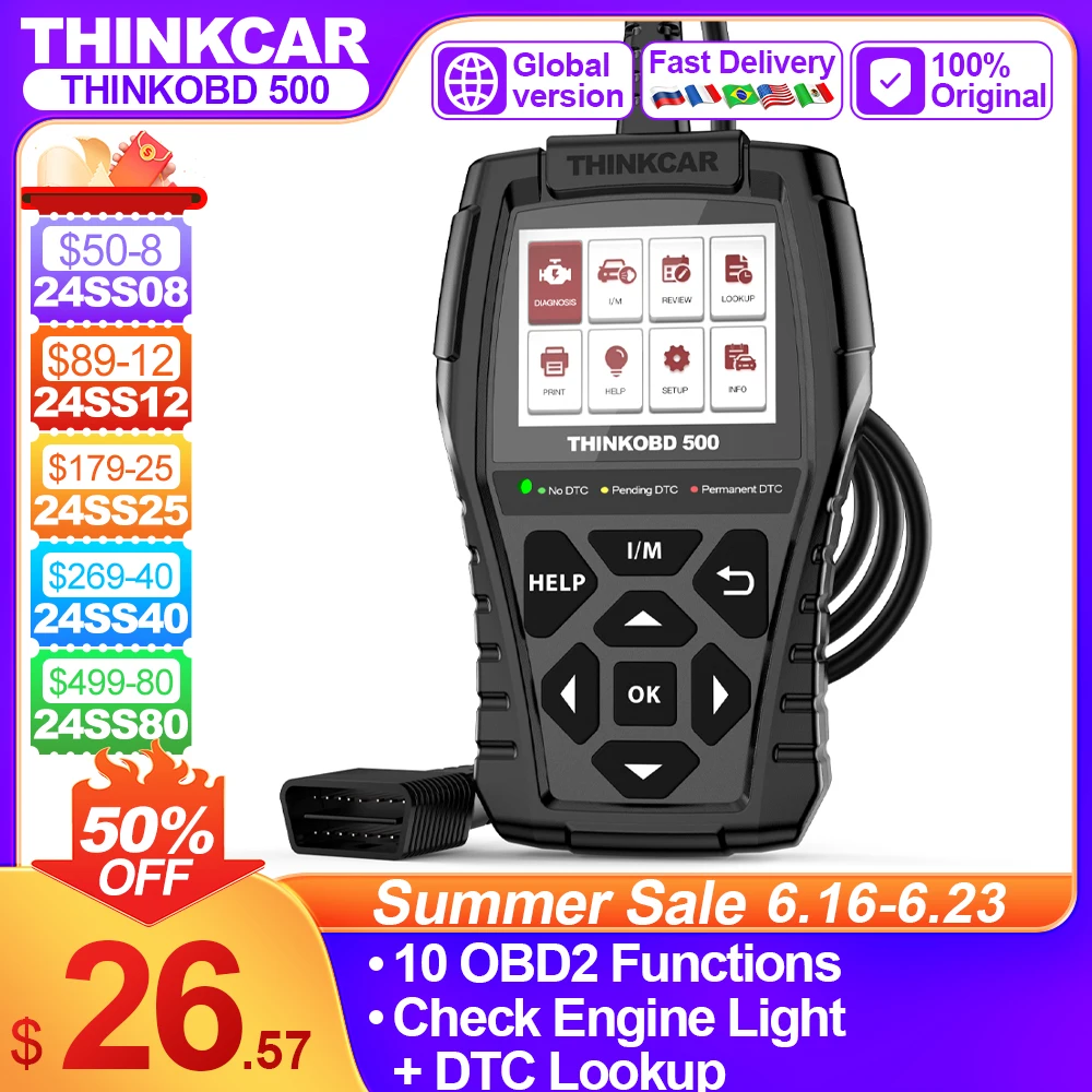 Thinkobd 500 сканер кодов двигателя с бесплатным обновлением на весь срок службы, сканирующий инструмент для тестирования выбросов для диагностики автомобиля