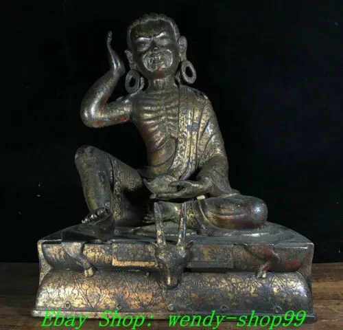 

11" Old Tibetan Buddhism Bronze Temple Seat Milarepa Buddha Deer Head Statue
