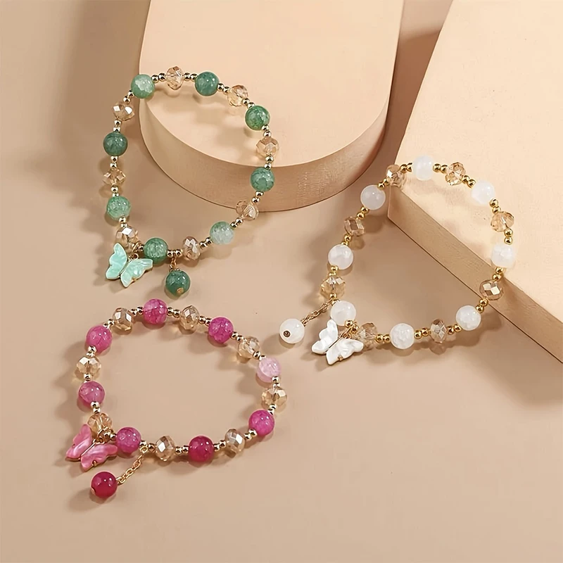 3Pcs/Set Purple Butterfly Charm Bead Stretch Bracelet For Women Multi Color Crack Faceted Beads Round Charm Girls Jewelry Gift