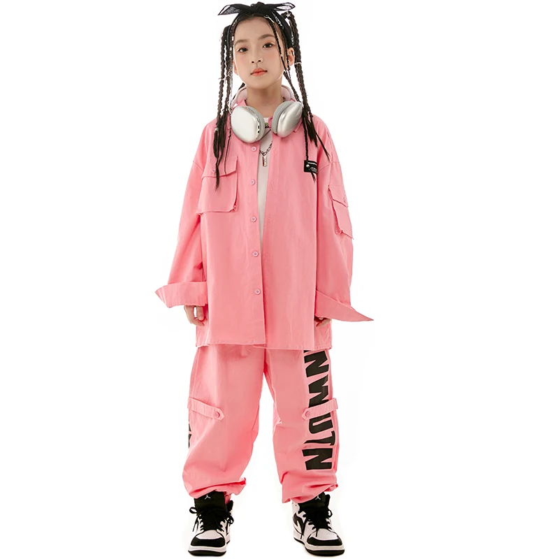 Girls Jazz Dance Costume Pink Long Sleeves Coat Pants Loose Hip Hop Suit Boys Street Dance Performance Wear Stage Clothes