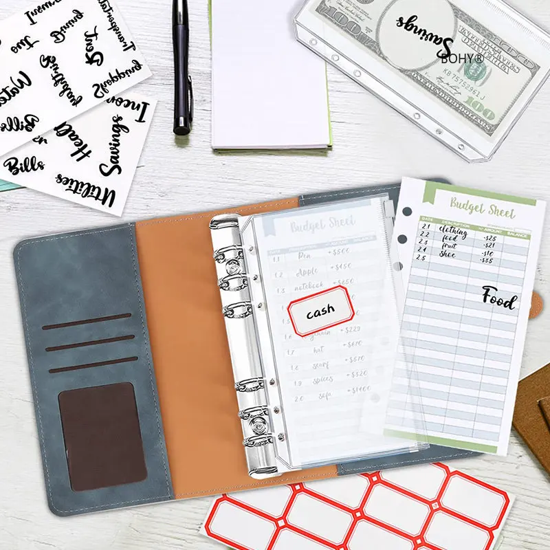 A6 Binder Classeur Budget PU Leather Planner Pockets Cash Envelope Organizer System Excluding transparent Zipper Pocket Notebook 5