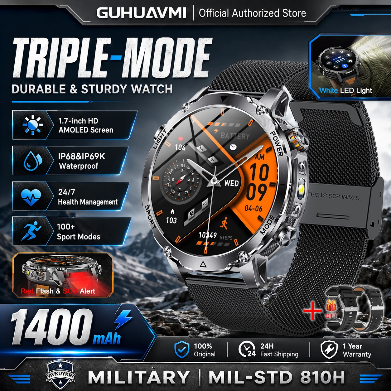 Outdoor Smart Watch for Men with 1400mAh Battery, GPS, Flashlight, 1.7 AMOLED Display, Bluetooth Calling, and Waterproof Design