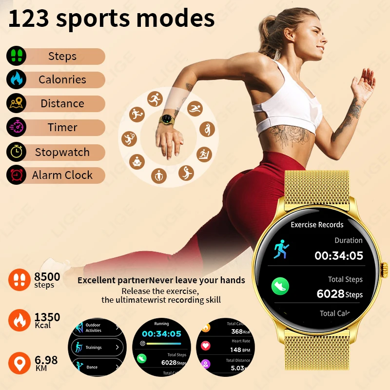 LIGE Smart Watch Sports Fitness Men Women Heart Rate Health Monitor Bluetooth Call IP68 Waterproof Watch Alarm Clock Smartwatch