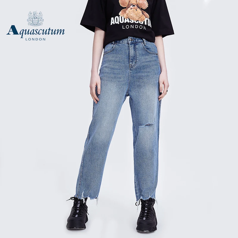 Aquascutum 2022 spring and Autumn New Women's casual jeans straight tube loose Capris AliExpress